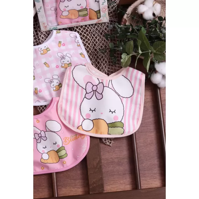 Tavşan Temalı Kare 3 Parça Microfiber Mama Önlüğü Kendi Kutusunda (sıvı Geçirmez) Çıtçıtlı