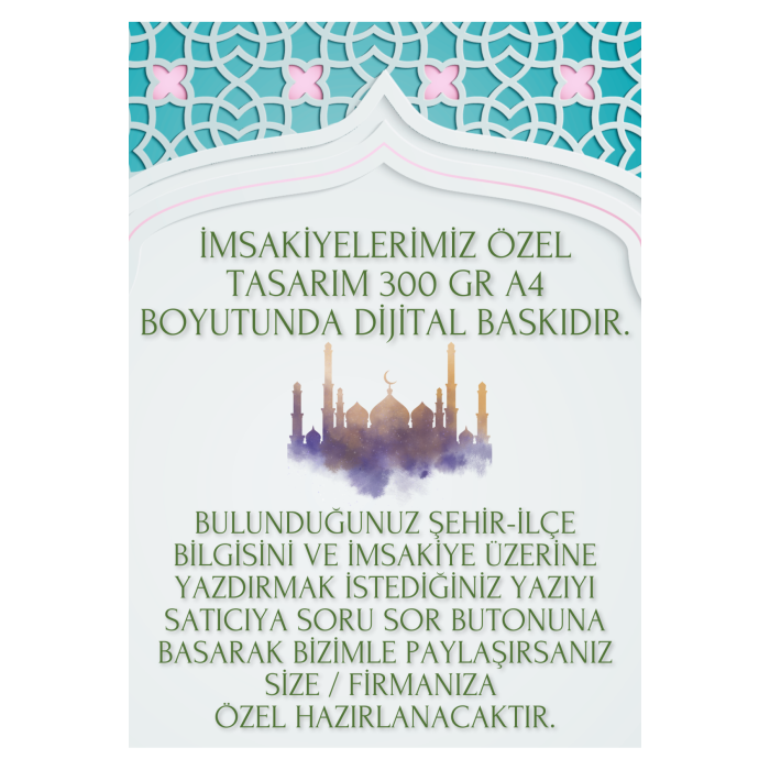 Ramazan İmsakiyesi Modern Kişiye Özel Tasarımlı Dijital Baskı 500 Adet A4 300 gr Model 4