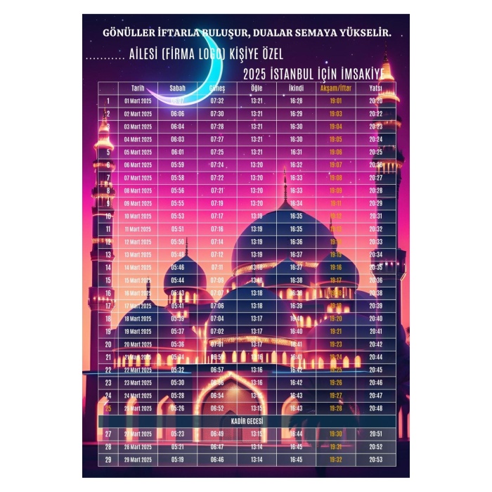 Ramazan İmsakiyesi Modern Kişiye Özel Tasarımlı Dijital Baskı 500 Adet A4 300 gr Model 6