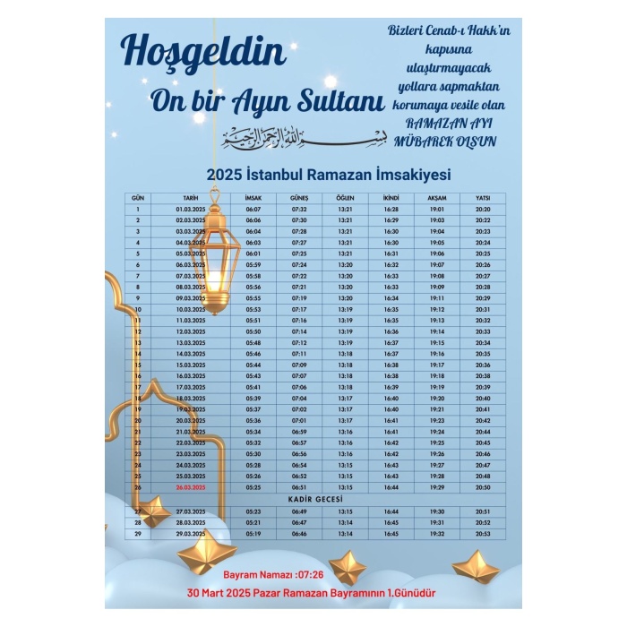 Ramazan İmsakiyesi Modern Kişiye Özel Tasarımlı Dijital Baskı 500 Adet A4 300 gr Model 17