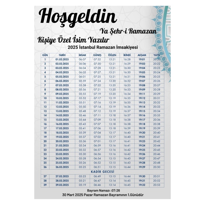 Ramazan İmsakiyesi Modern Kişiye Özel Tasarımlı Dijital Baskı 500 Adet A4 300 gr Model 22