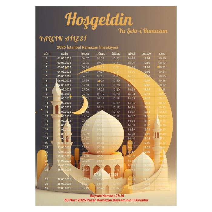 Ramazan İmsakiyesi Modern Kişiye Özel Tasarımlı Dijital Baskı 500 Adet A4 300 gr Model 23