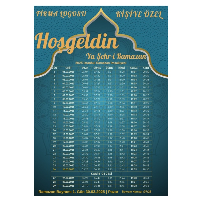 Ramazan İmsakiyesi Modern Kişiye Özel Tasarımlı Dijital Baskı 500 Adet A4 300 gr Model 25