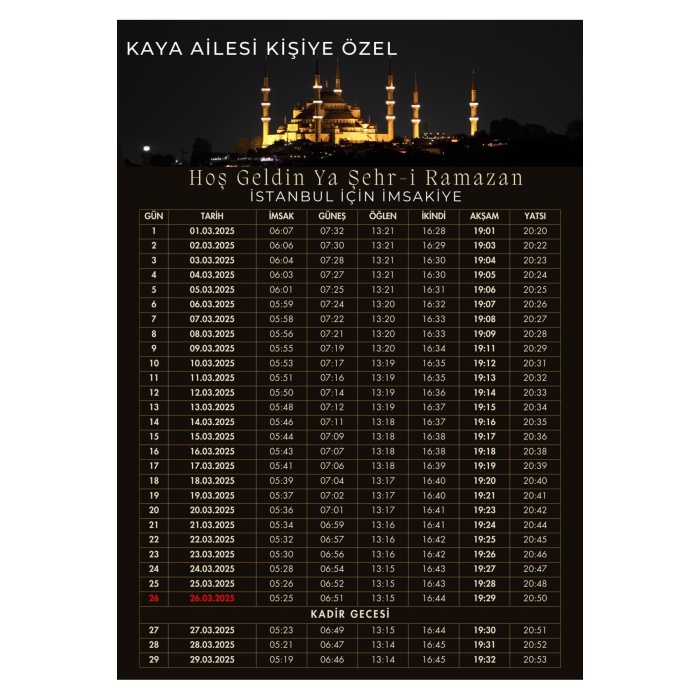 Ramazan İmsakiyesi Modern Kişiye Özel Tasarımlı Dijital Baskı 500 Adet A4 300 gr Model 28