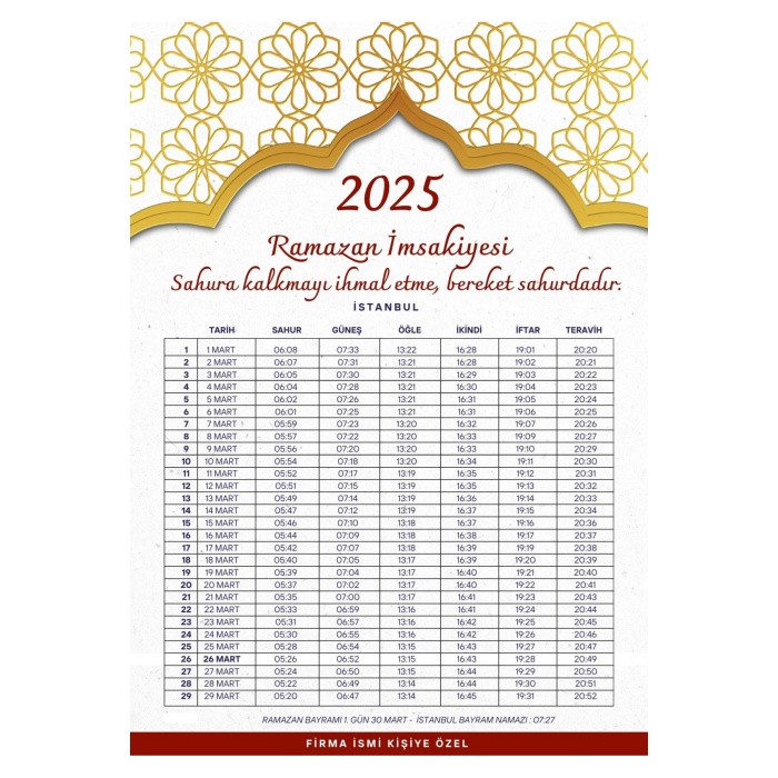 Ramazan İmsakiyesi Modern Kişiye Özel Tasarımlı Dijital Baskı 500 Adet A4 300 gr Model 39