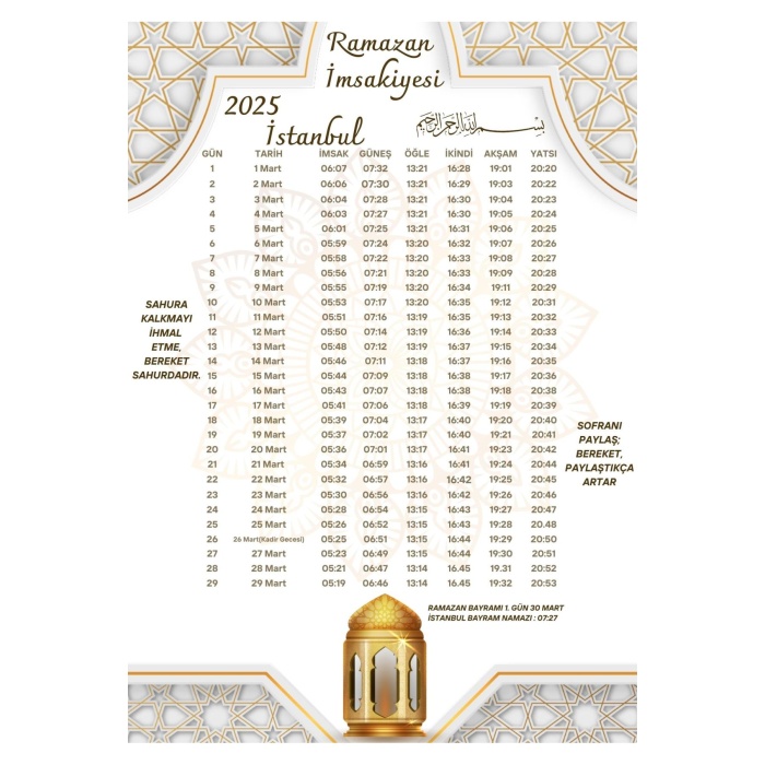 Ramazan İmsakiyesi Modern Kişiye Özel Tasarımlı Dijital Baskı 500 Adet A4 300 gr Model 50