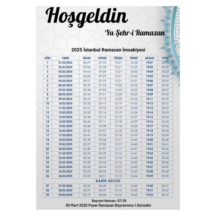 Ramazan İmsakiyesi Modern Kişiye Özel Tasarımlı Dijital Baskı 1000 Adet A4 300 gr Model 21