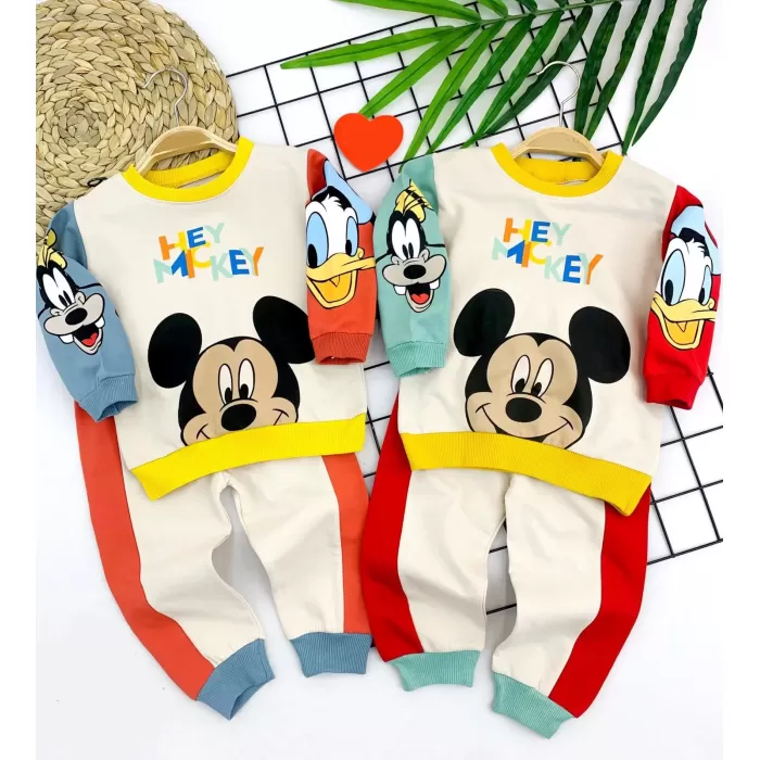 9-12-18-24 Ay Mickey Ve Arkadaşları Desenli Uzun Kollu Sweat 2li Kız Erkek Bebek Takımı