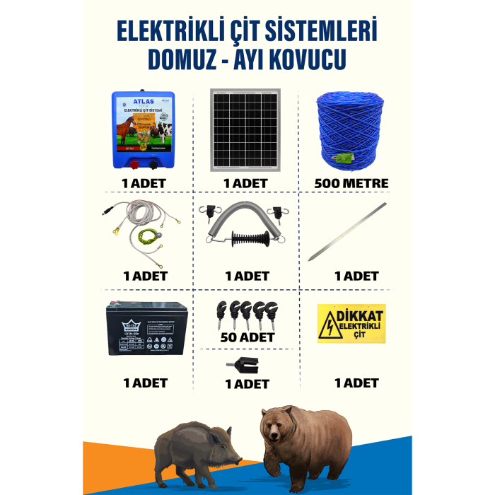 500mt 1-5 Dönüm 12V Akü ve 25W Güneş Panelli Elektrikli Çit Sistemi + Kapı Yaylı Set