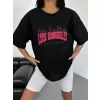 Unisex Bisiklet Yaka Baskılı Oversize T-Shirt - Siyah