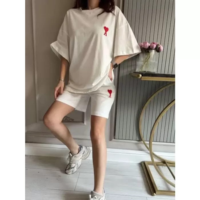 Unisex Baskılı Şortlu Oversize Takım - Beyaz