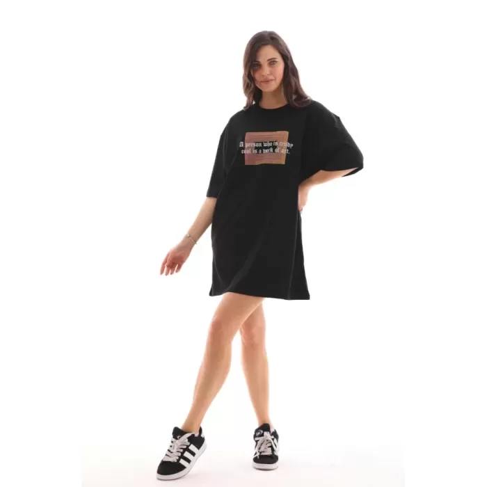 Unisex Bisiklet Yaka Baskılı Oversize T-Shirt - Siyah