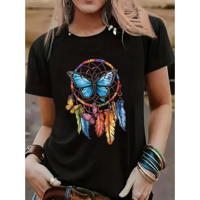 Kadın Kısa Kollu Renkli Kelebek Ve Kuş Tüyü Baskı Viskon T-shirt