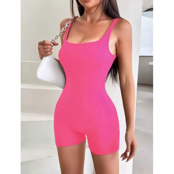 Kadın Kalın Askılı Bodycon Kaşkorse şort Tulum