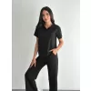 Osy Modal Yumuşak Dokulu Kumaş Kısa Kollu Yakalı T-shirt Pantalon ikili Takım- Siyah