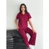 Osy Modal Yumuşak Dokulu Kumaş Kısa Kollu Yakalı T-shirt Pantalon ikili Takım- Bordo