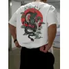 Ön Arka Ejder Baskılı Oversize Bisiklet Yaka T-shirt - Beyaz
