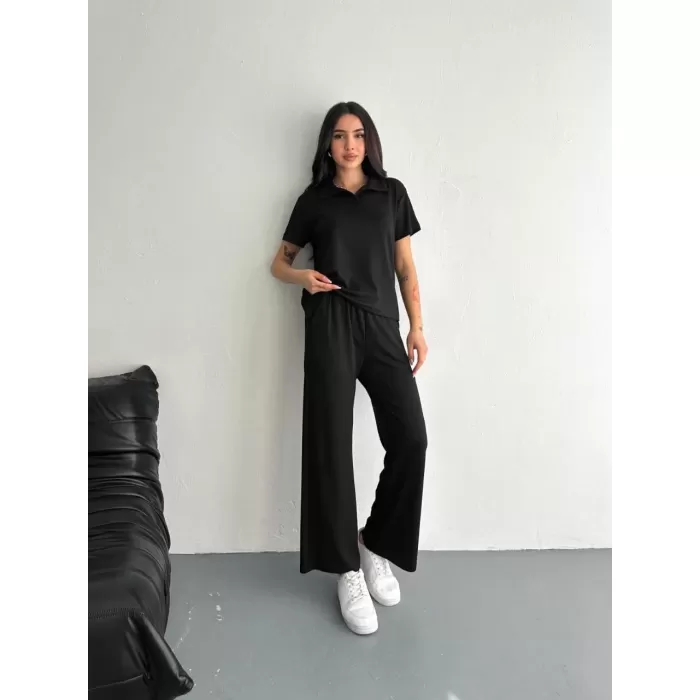 Osy Modal Yumuşak Dokulu Kumaş Kısa Kollu Yakalı T-shirt Pantalon ikili Takım- Siyah