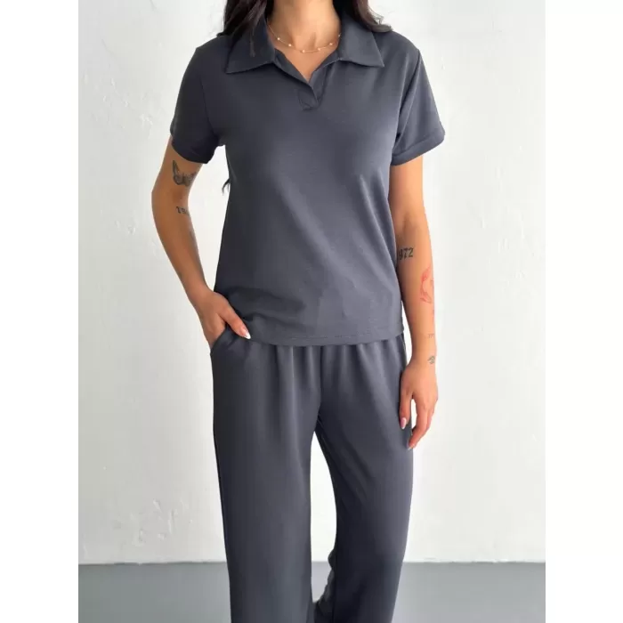 Osy Modal Yumuşak Dokulu Kumaş Kısa Kollu Yakalı T-shirt Pantalon ikili Takım- Antrasit