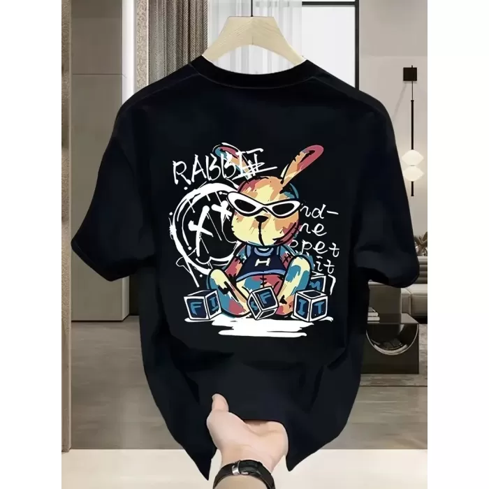Güneş Gözlüğü Grafikli Karikatür Tavşan Oversize Kısa Kollu Tişört Çift Tişört, İlkbahar Ve Yaz- Siyah