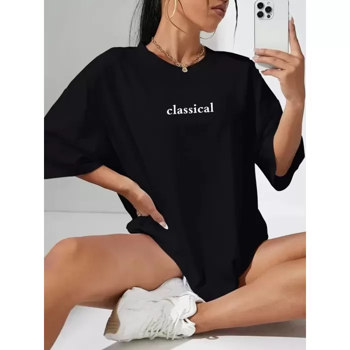 Classical Baskılı Siyah Oversize Tişort - Siyah