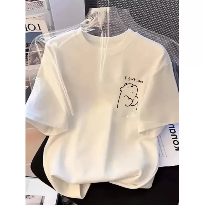 [Günlük T-Shirt] Hafif Kadın Günlük T-Shirt | Bol Kesim, Kısa Kollu, Yuvarlak Yaka, Eğlenceli Karikatür Ayı ve Umrumda Değil Baskı - Günlük Stil, İlkbahar/Yaz- Beyaz