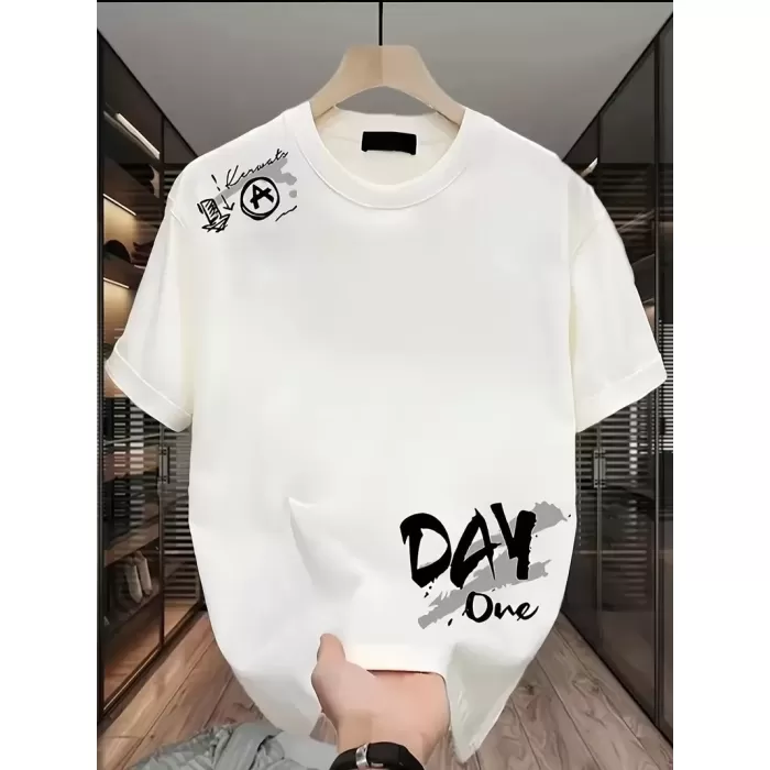 Day One Baskılı Oversize Bisiklet Yaka T-shirt - Beyaz