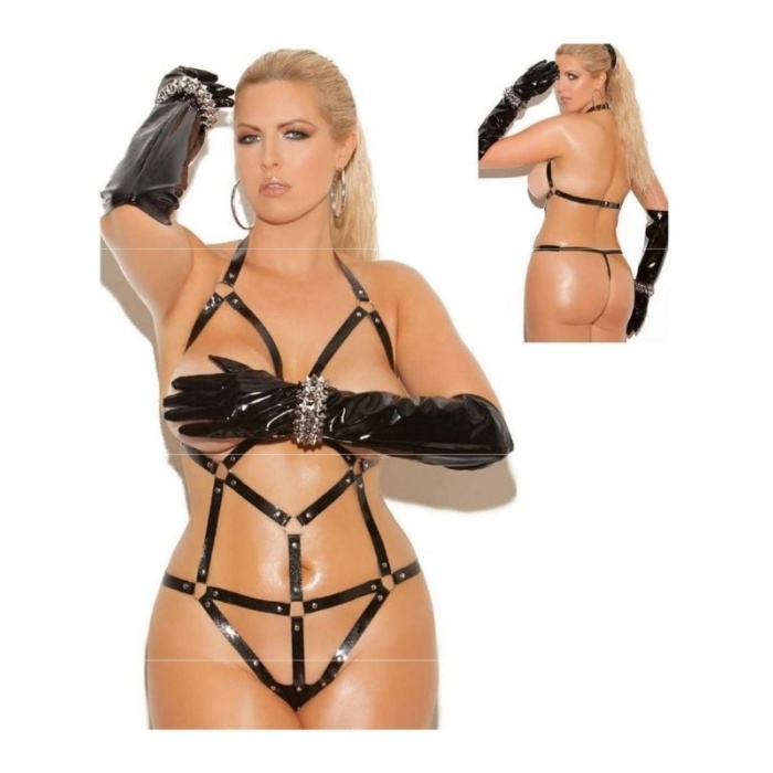 Özel Bölgeleri Açık Deri Harness Seksi Fantezi Bodysuit