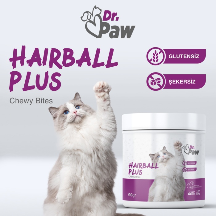 Dr. Paw Hairball Plus: Kediler İçin Glutensiz ve Şeker İlavesiz Tüy Yumağı Engelleyici Çiğnenebilir Tablet (90 gr)