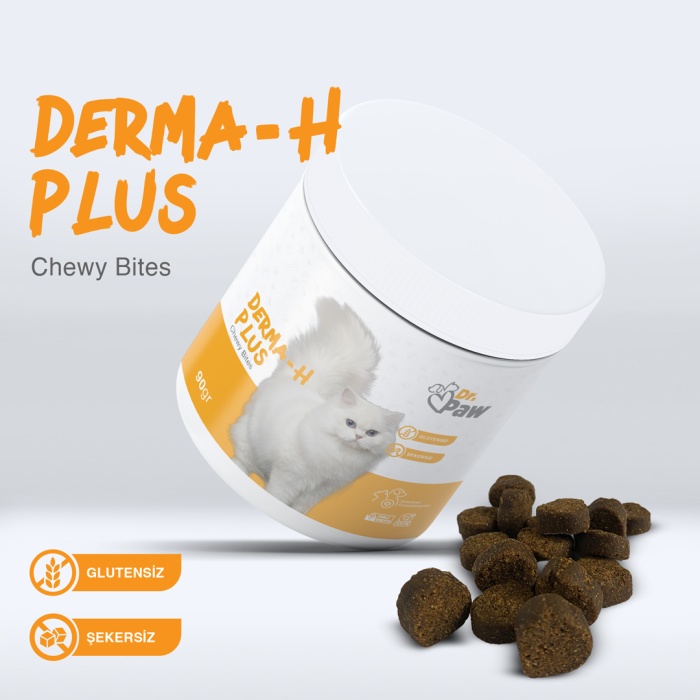 Dr. Paw - Derma H Plus: Kediler İçin Glutensiz ve Şeker İlavesiz Tüy ve Cilt Sağlığı Destekleyici Çiğnenebilir Tablet (90 gr)