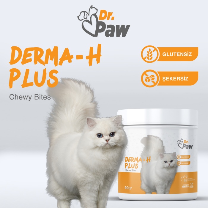 Dr. Paw - Derma H Plus: Kediler İçin Glutensiz ve Şeker İlavesiz Tüy ve Cilt Sağlığı Destekleyici Çiğnenebilir Tablet (90 gr)