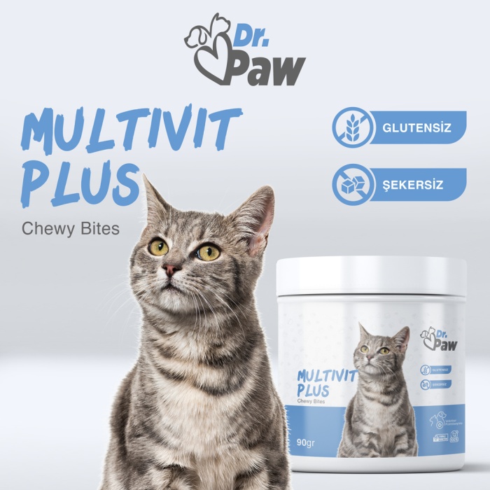 Dr. Paw - Multivit Plus: Kediler İçin Glutensiz ve Şeker İlavesiz Günlük Vitamin Takviyesi Çiğnenebilir Tablet (90 gr)