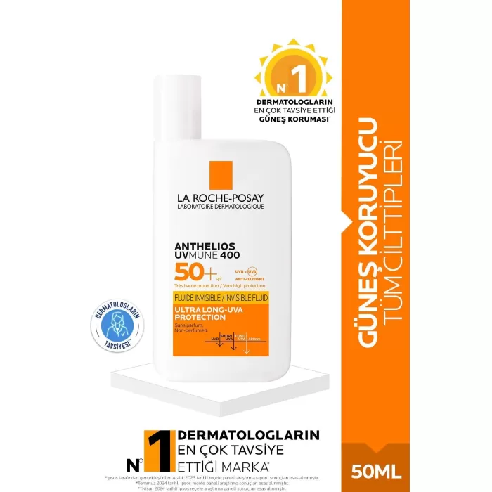 La Roche Posay Anthelios Uvmune400 Invisible Fluid Spf50+Tüm Cilt Tipleri İçin Yüz Güneş Kremi 50 ml