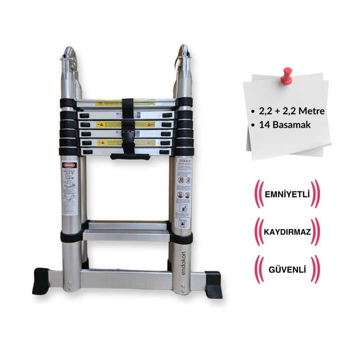 220 + 220 cm. - 7+7  Basamaklı Teleskobik / Teleskopik Alüminyum A Merdiven