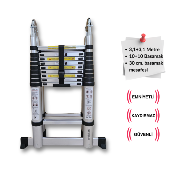 310 + 310 cm. - 10+10  Basamaklı Teleskobik / Teleskopik Merdiven - A Tipi Uzayan Merdiven