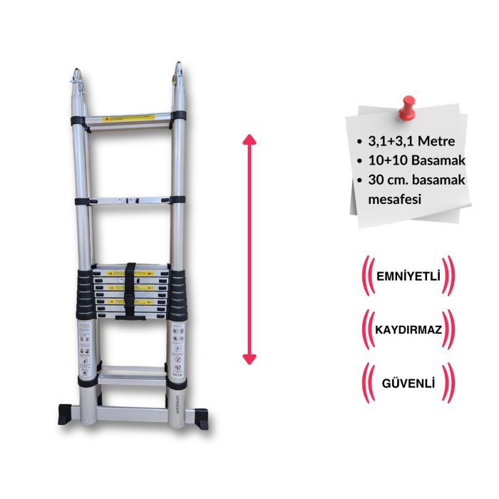 310 + 310 cm. - 10+10  Basamaklı Teleskobik / Teleskopik Merdiven - A Tipi Uzayan Merdiven