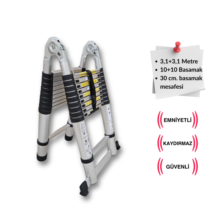 310 + 310 cm. - 10+10  Basamaklı Teleskobik / Teleskopik Merdiven - A Tipi Uzayan Merdiven