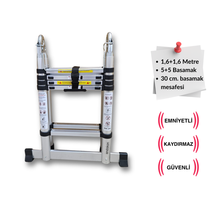 160 + 160 cm. - 5+5  Basamaklı Teleskobik / Teleskopik Merdiven - A Tipi Uzayan Merdiven