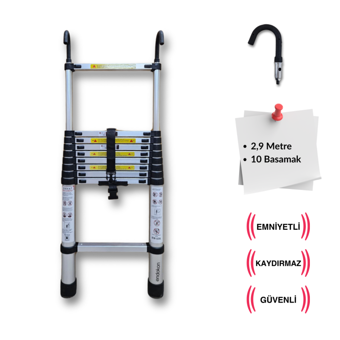 10 Basamak - 290 cm. Kancalı Teleskobik / Teleskopik Alüminyum Merdiven - I Tipi Uzayan Merdiven