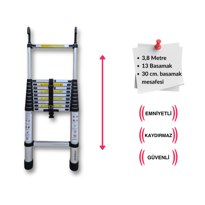 13 basamak - 380 cm. KANCALI Teleskobik / Teleskopik Alüminyum Merdiven - I Tipi Uzayan Merdiven