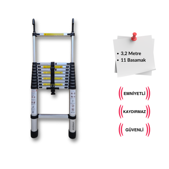 320 cm. - 11  Basamaklı Kancalı Teleskobik / Teleskopik Merdiven - I Tipi Uzayan