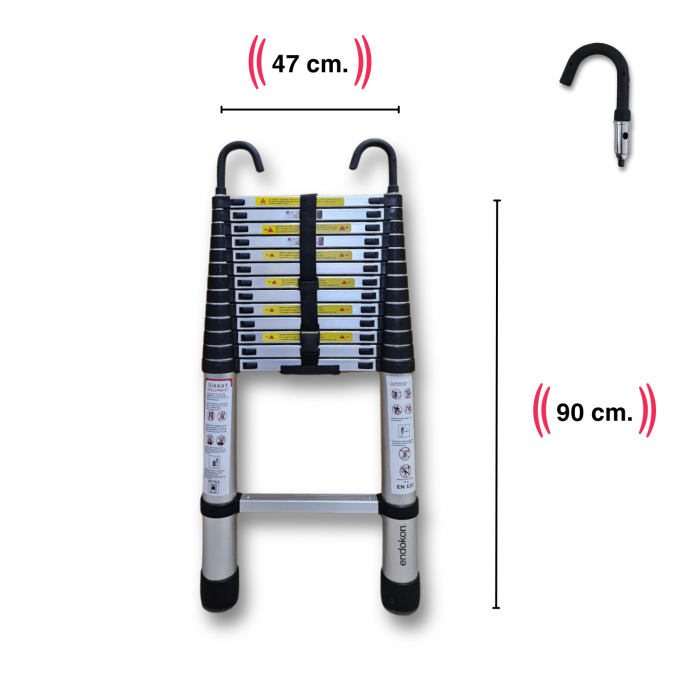410 cm. - 14  Basamaklı Kancalı Teleskobik / Teleskopik Alüminyum Merdiven - I Tipi Uzayan Merdiven