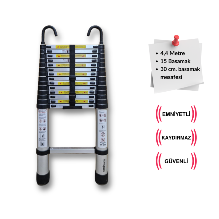 440 cm. - 15  Basamaklı Kancalı Teleskobik / Teleskopik Merdiven - I Tipi Uzayan Merdiven