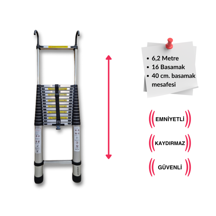 620 cm. - 16  Basamaklı Kancalı Teleskobik / Teleskopik Alüminyum Merdiven - I Tipi Uzayan Merdiven