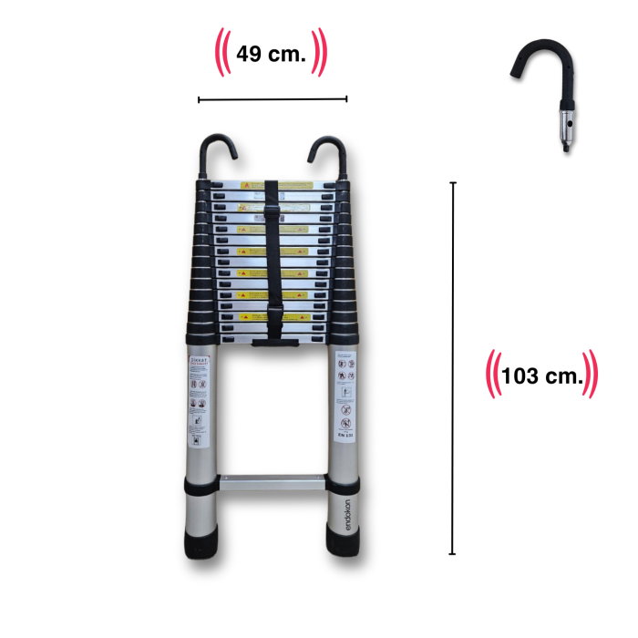 620 cm. - 16  Basamaklı Kancalı Teleskobik / Teleskopik Alüminyum Merdiven - I Tipi Uzayan Merdiven