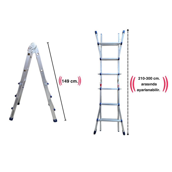 300 cm. 10 Basamak A ve I Tipi Katlanıp Uzayabilen Mini Dev Alüminyum Merdiven