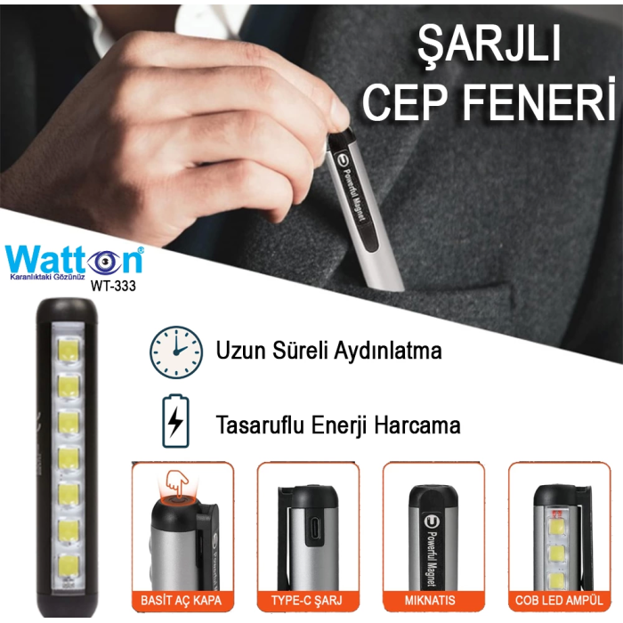 Type-c Girişli Mıknatıslı Şarjlı Cep Feneri  Wt-333