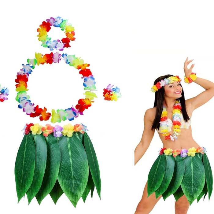 Yetişkin Hawaii Kostüm Seti - Yaprak Etek & Hawaii Set - 5 Parça