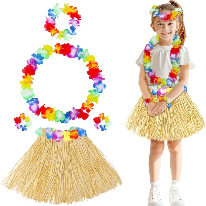 Yetişkin Çocuk Hawaii Parti Seti - 40 Cm Naturel Etek + Çiçek Aksesuarlar (5 Parça)