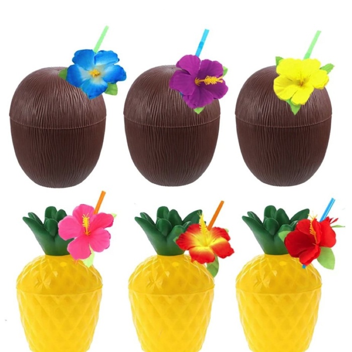 Ananas & Hindistan Cevizi Tasarımlı Pipetli Bardak Seti (6 Adet)